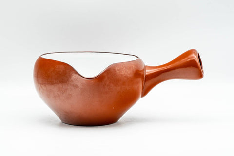 Japanese Yuzamashi - White Inner-Glazed Red Shudei Tokoname-yaki Water Cooler - 300ml - three-quarter view showing the pouring spout and white-glazed interior