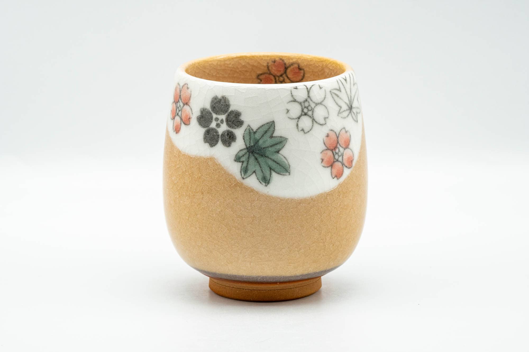 Japanese Teacup - Large Floral Kanji Orange Celadon Glazed Yunomi - 260ml