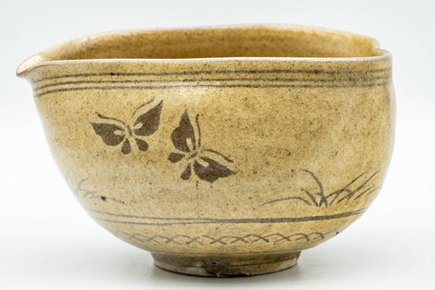 Japanese Katakuchi - Butterflies Beige Glazed Tea Pouring Bowl - 450ml - Tezumi