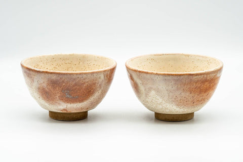 Japanese Teacups - Pair of Blush Orange and White Shino Glazed Yunomi - 120ml - the pair of teacups side by side, front view