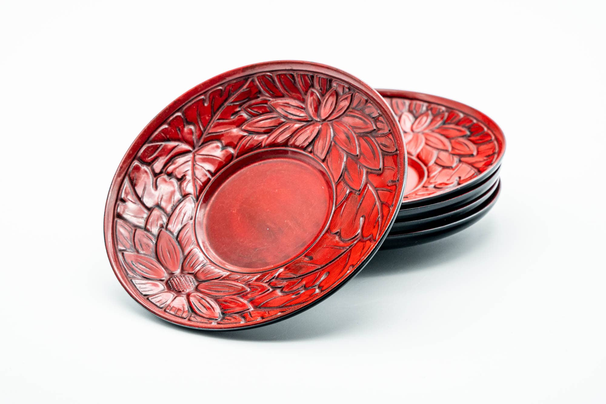 Japanese Chataku - Set of 5 Carved Floral Red Black Lacquer Tea Saucers