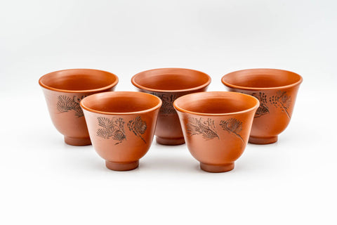 Japanese Tea Set - 光昇 Shoryu Kiln - Floral Engraved Tokoname-yaki Kyusu Teapot with Katakuchi Water Cooler and 5 Yunomi Teacups