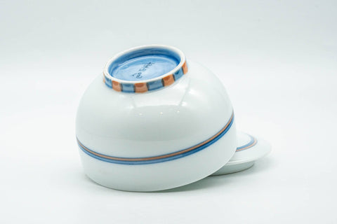 Japanese Teacup - Blue Orange Geometric Patterned Arita-yaki Lidded Yunomi - 140ml - Tezumi