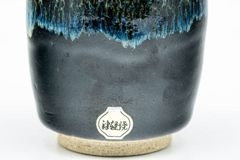 Tezumi — Japanese Teacup - Jet Black Blue Hare's Fur Drip-Glazed Yunomi - 150ml — inverted showing the foot ring
