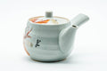 Japanese Kyusu - Red Bamboo Motif Kutani-yaki Porcelain Teapot - 370ml - three-quarter front view showing the bamboo motif and lid knob