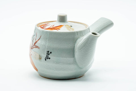 Japanese Kyusu - Red Bamboo Motif Kutani-yaki Porcelain Teapot - 370ml - three-quarter front view showing the bamboo motif and lid knob