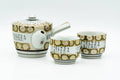 Japanese Tea Set - Gold White Chrysanthemum Kutani-yaki Kyusu Teapot with 2 Yunomi Teacups - the full set: side-handle teapot with two teacups