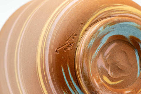 Japanese Teacup - Beige Blue Nerikomi Rear-handled Yunomi - 180ml - closeup of the marbled nerikomi clay and underside