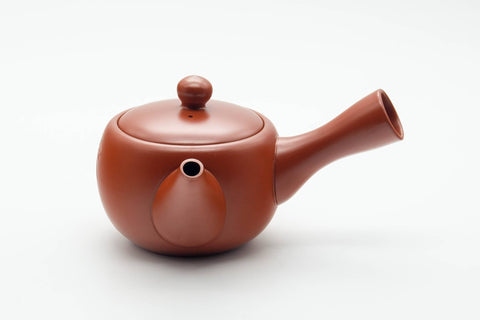 Tezumi — Japanese Tea Set - Kanji Engraved Tokoname-yaki Kyusu Teapot with 5 Yunomi Teacups — the teapot side view with the handle