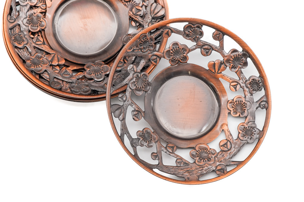 Japanese Chataku - Set of 5 Engraved Copper Plum Blossom Tea Saucers