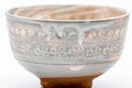 Japanese Matcha Bowl - Floral Grey Pink Mishima Glazed Chawan - 250ml - closeup front view of the inlaid mishima floral and geometric banding