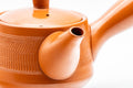 Tezumi — Japanese Kyusu - Red Shudei Tochiri Tokoname-yaki Mesh Teapot - 260ml — side profile showing the spout and handle