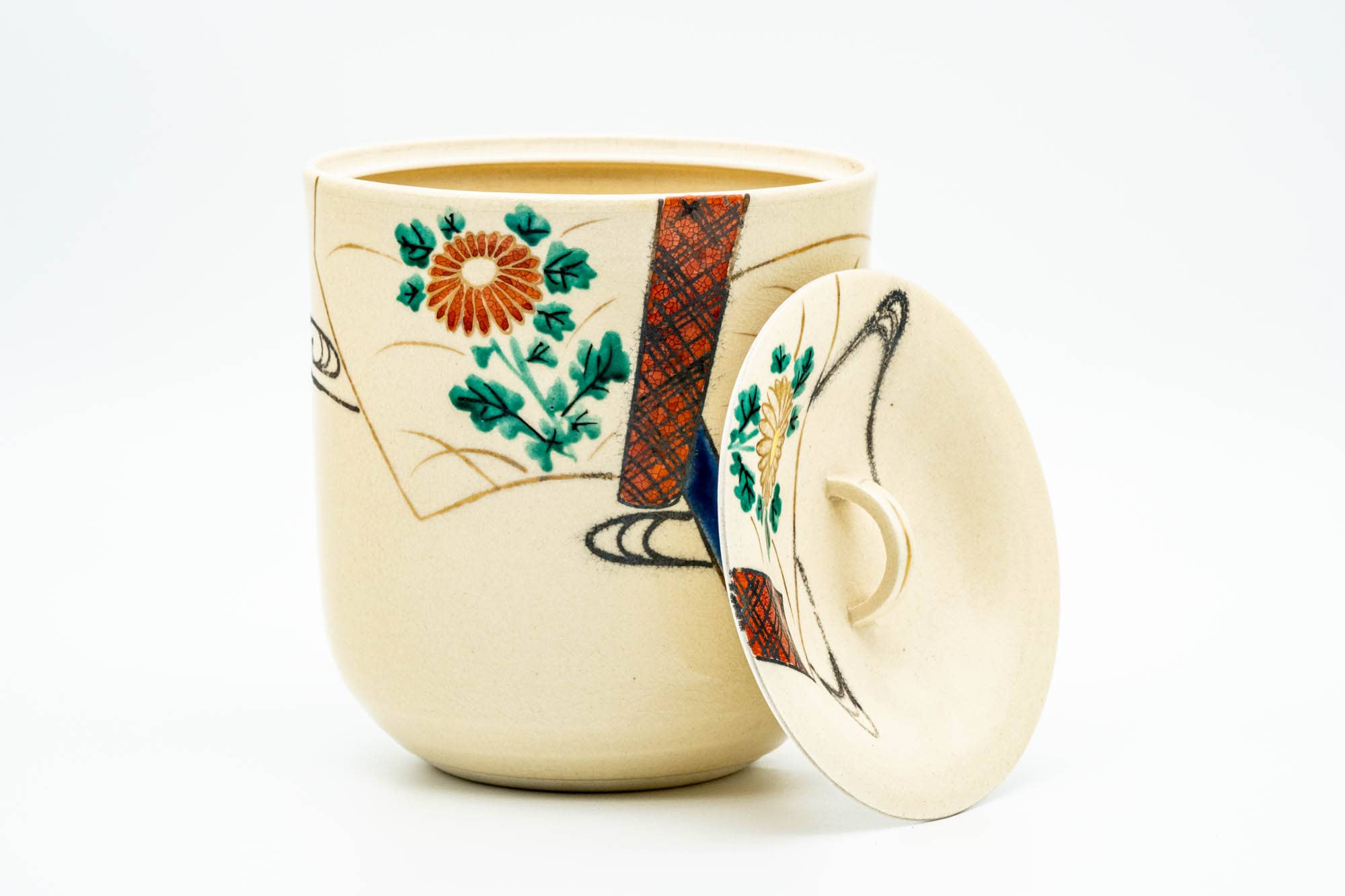 Japanese Mizusashi - Beige Floral Kyo-yaki Tea Ceremony Water Container - 1500ml