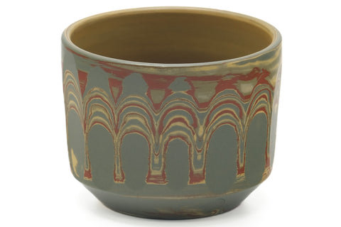 Tezumi — Japanese Teacup - Faceted Green Yellow Red Nerikomi Yunomi - 110ml — tipped to show the interior