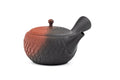Black-and-red yōhen Tokoname kyusu teapot with side handle and dimpled tochiri texture - three-quarter view, lid on