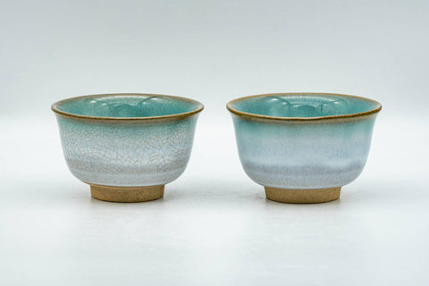 Tezumi — Japanese Teacups - Pair of Green Drip-Glazed Agano-yaki Yunomi - 100ml — front view from another angle