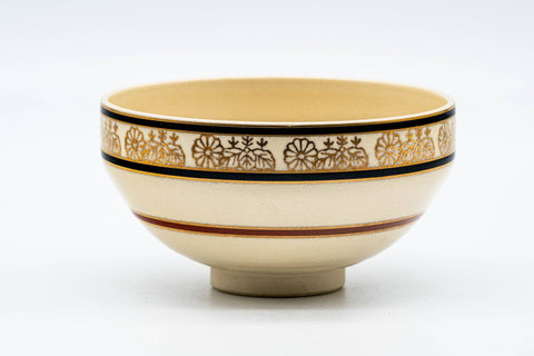 Japanese Matcha Bowl - Beige Floral Striped Kyo-yaki Chawan - 200ml