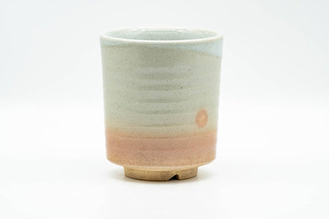 Beige, peach and white glazed Hagi-yaki yunomi teacup - front view