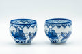Japanese Teacups - Pair of Playful Villagers Arita-yaki Yunomi - 130ml - front view of the pair showing the blue villagers motif