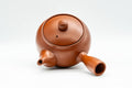 Japanese Tea Set - Bamboo Engraved Tokoname-yaki Debeso Kyusu Teapot with 4 Yunomi Teacups - front view of the teapot with lid