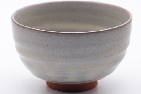 Tezumi — Japanese Matcha Bowl - Milky Grey White Glazed Spiraling Kiyomizu-yaki Chawan - 400ml — tipped to show the interior