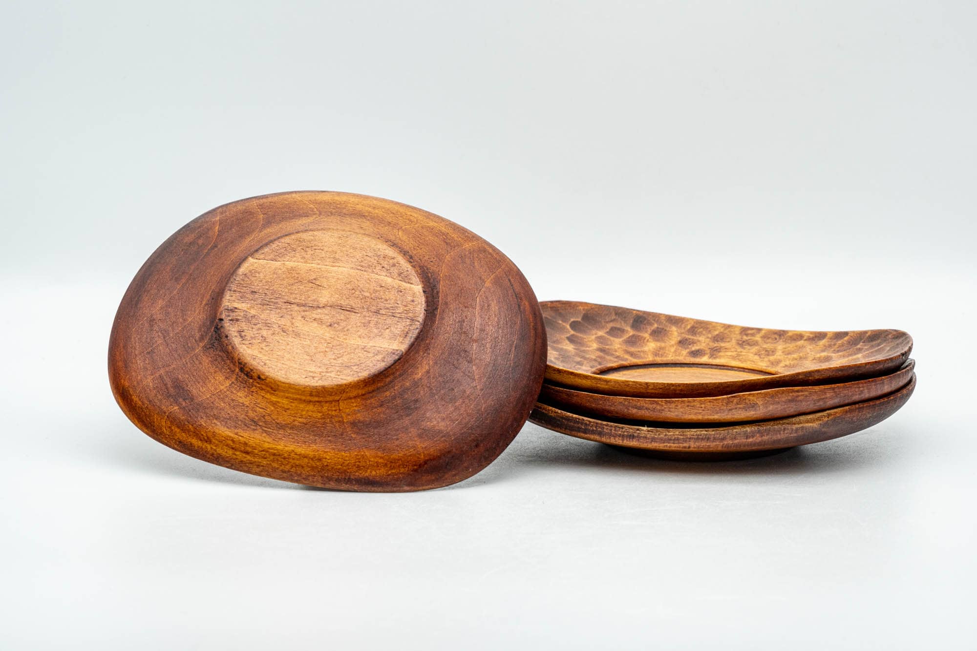 Japanese Chataku - Set of 4 Carved Oval-Shaped Wooden Tea Saucers - Tezumi