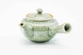 Green celadon Obori Soma kyusu, side profile with the spout to the left
