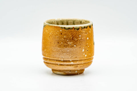 Japanese Teacup - Orange Green Drip-Glazed Shigaraki-yaki Yunomi - angled view showing the rim and drip glaze
