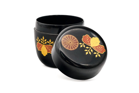 Japanese Natsume - Chrysanthemums Paulownias Black Lacquer Tea Caddy