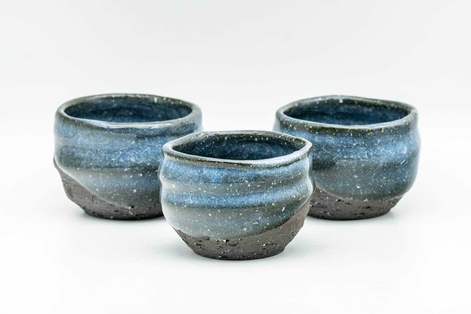 Japanese Teacups - Set of 3 Blue Celadon Snowflake Glazed Stoneware Guinomi - 60ml - Tezumi