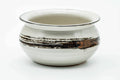 White hakeme-glazed kensui waste-water bowl, front view, wide low form with a brushed brown band and inturned rim.