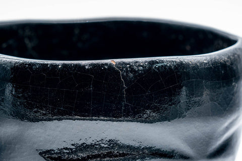 Japanese Matcha Bowl - Black Faceted Vintage Raku Chawan - 400ml