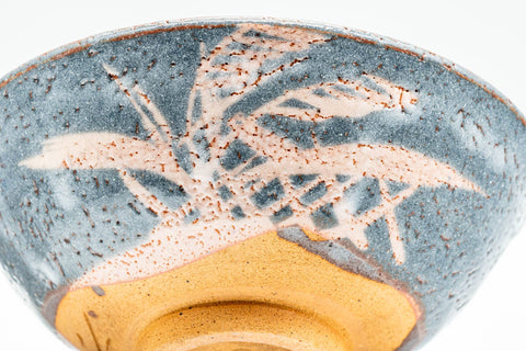 Japanese Matcha Bowl - Floral Blue Shino Glazed Summer Chawan - 200ml - close-up of the floral motif on the side