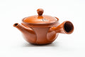 Side profile of the red clay teapot, spout to the left and hollow side handle facing the viewer.