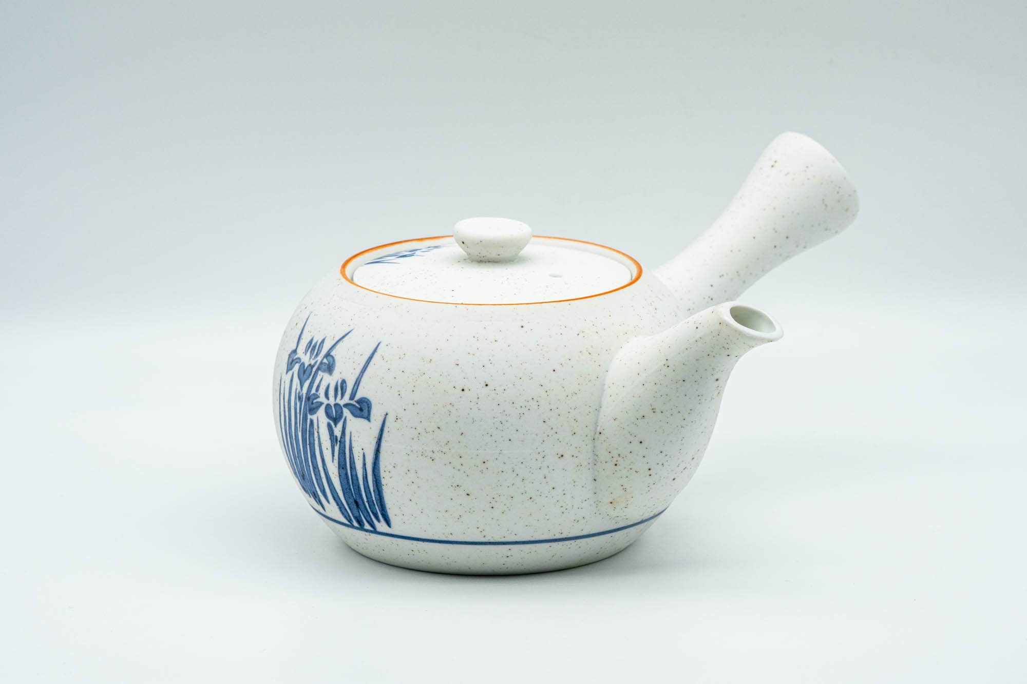 Japanese Tea Set - Blue Floral White Matte Glazed Arita-yaki Debeso Kyusu Teapot with 5 Yunomi Teacups - Tezumi