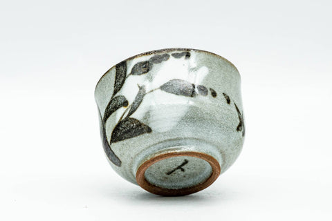 Japanese Teacup - Tiny Floral Grey Glazed Guinomi - 45ml - cup tipped to show the interior and base