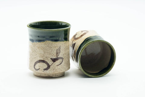 Japanese Teacup - Pair of Beige Green Drip-Glazed Oribe-yaki Meoto Yunomi