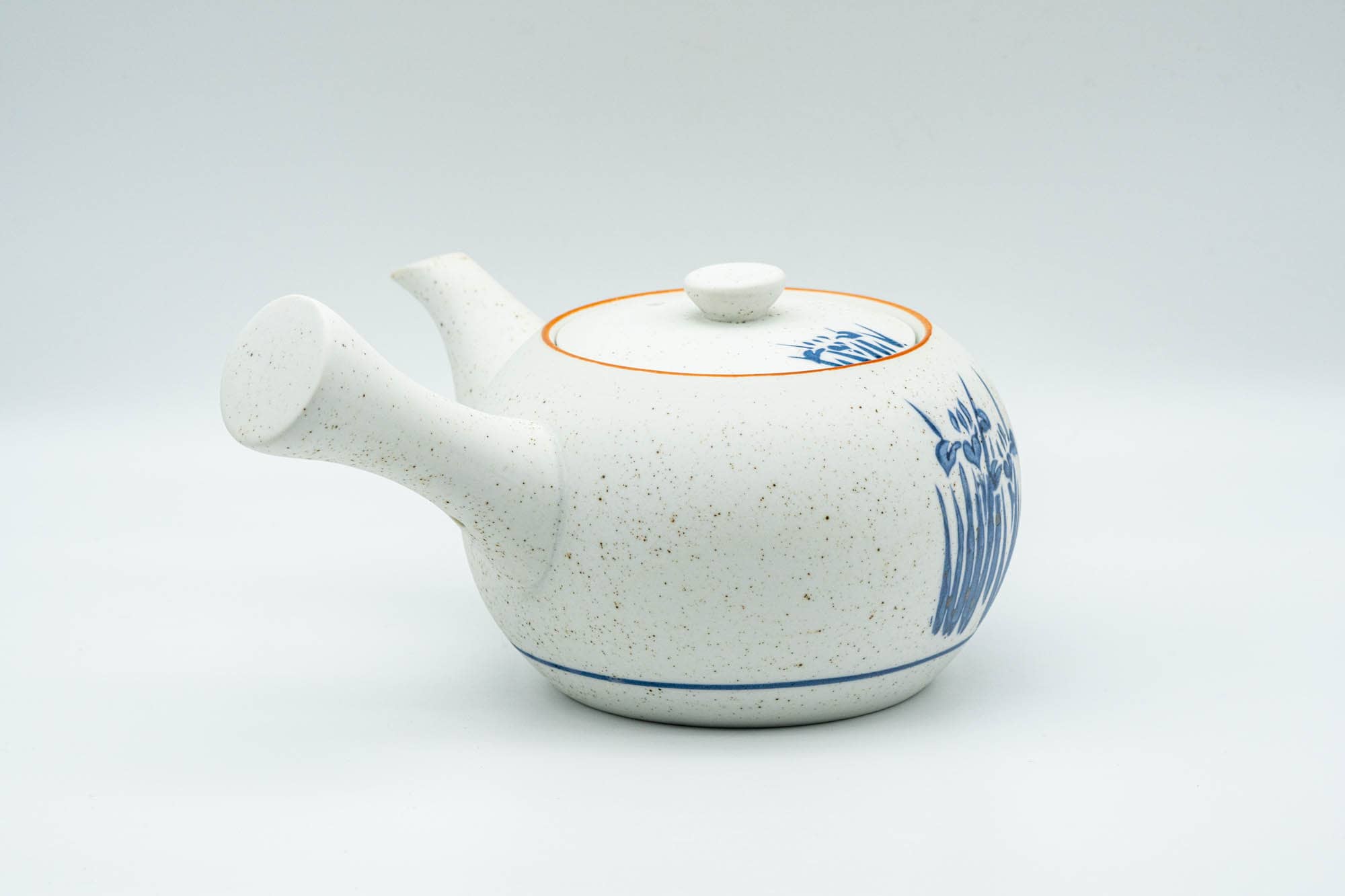 Japanese Tea Set - Blue Floral White Matte Glazed Arita-yaki Debeso Kyusu Teapot with 5 Yunomi Teacups - Tezumi