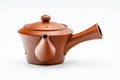 Rear three-quarter view of the teapot showing the handle, spout and lid knob.