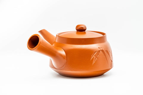 Japanese Kyusu - Bamboo Engraved Red Shudei Tokoname-yaki Debeso Teapot - 360ml