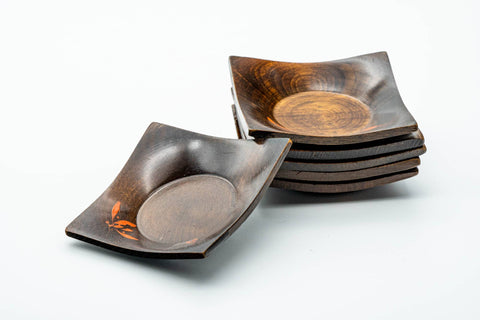 Japanese Chataku - Set of 6 Small Floral Square-shaped Wooden Tea Saucers