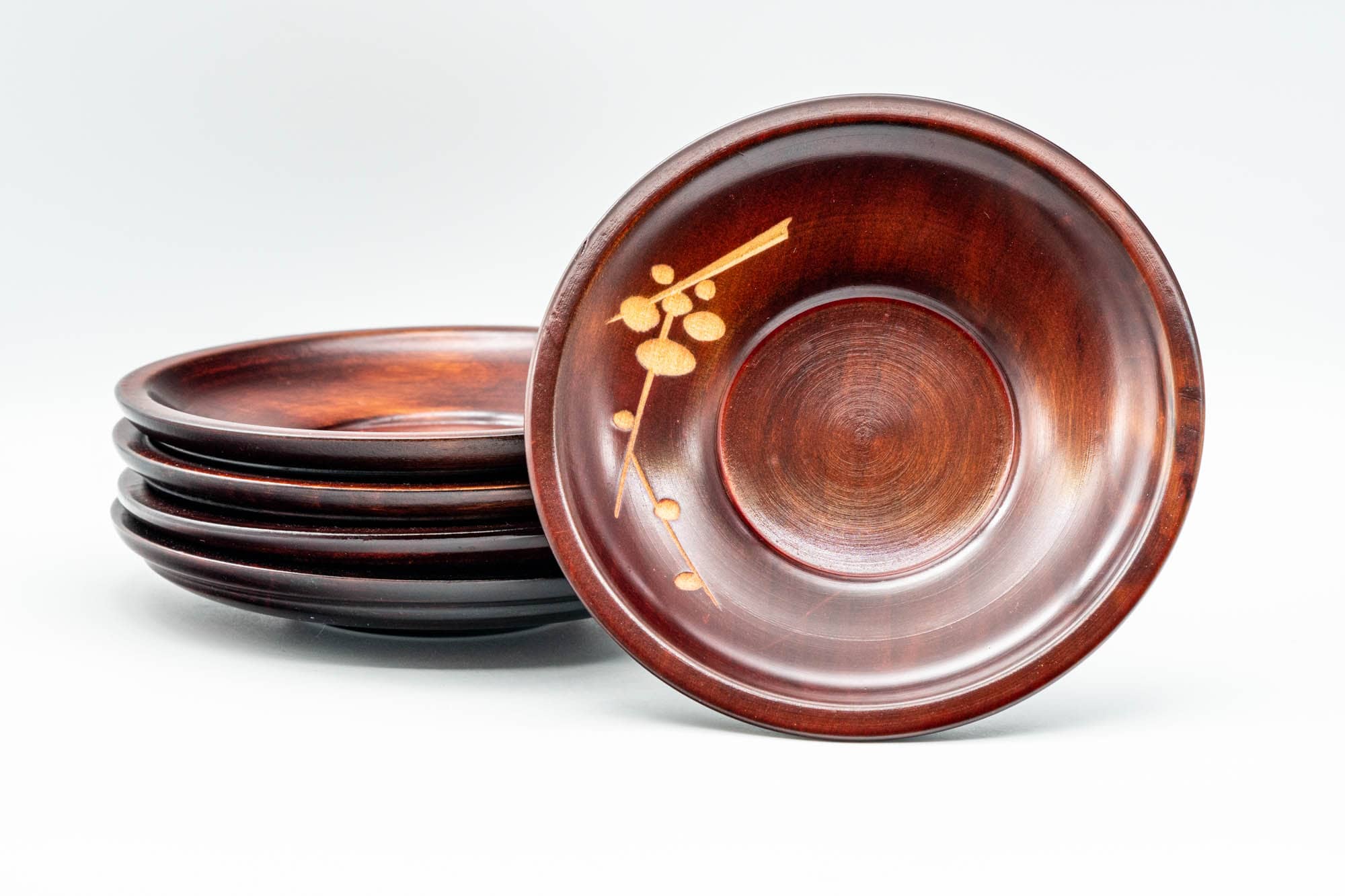 Japanese Chataku - Set of 5 Floral Engraved Red Wood Tea Saucers - Tezumi