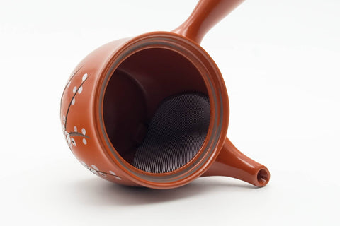 Tezumi — Japanese Kyusu - Painted Plum Blossom Tokoname-yaki Mesh Filter Teapot - 200ml — side profile showing the spout and handle