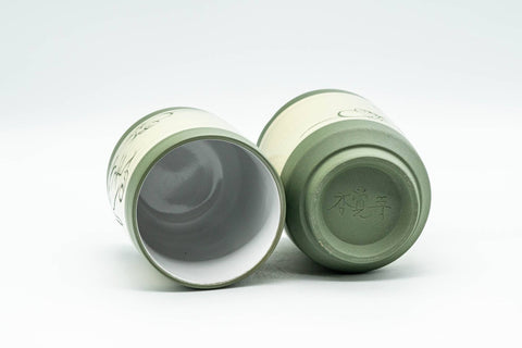 Japanese Teacups - Pair of Friendly Mice Ryokudei Tokoname-yaki Yunomi - 140ml - angled view of the pair showing the white interior