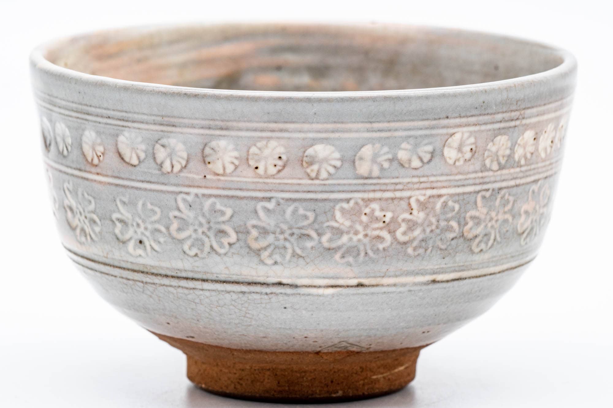 Japanese Matcha Bowl - Floral Grey Pink Mishima Glazed Chawan - 250ml