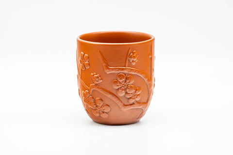 Tezumi — Japanese Teacup - Floral Sculpted Red Shudei Tokoname-yaki Yunomi - 125ml — front view