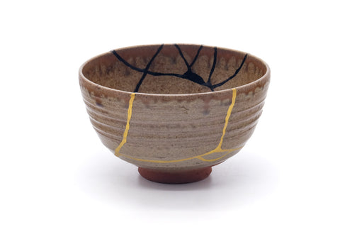 Japanese Matcha Bowl - Gold Black Urushi Kintsugi Drip-Glazed Chawan - 400ml
