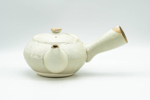 Tezumi — Japanese Kyusu - Beige Foliage Kiyomizu-yaki Debeso Teapot - 300ml — side view with the lid and side handle