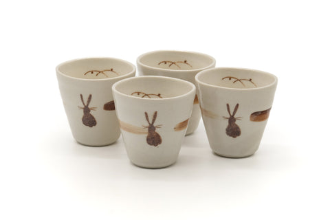 Japanese Tea Set - 4 Yunomi Teacups with Woven Bamboo Basket