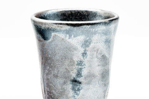 Japanese Teacup - Abstract Metallic Black Glazed Yunomi - front view of the tapered body